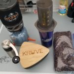 One simply must have top-notch coffee while camping.  Here you can see my Porlex hand grinder, Kruve coffee sifter, AeroPress, JetBoil, coffee cup, and, last but not least, home-roasted coffee beans.  There simply is no better way to start the day.